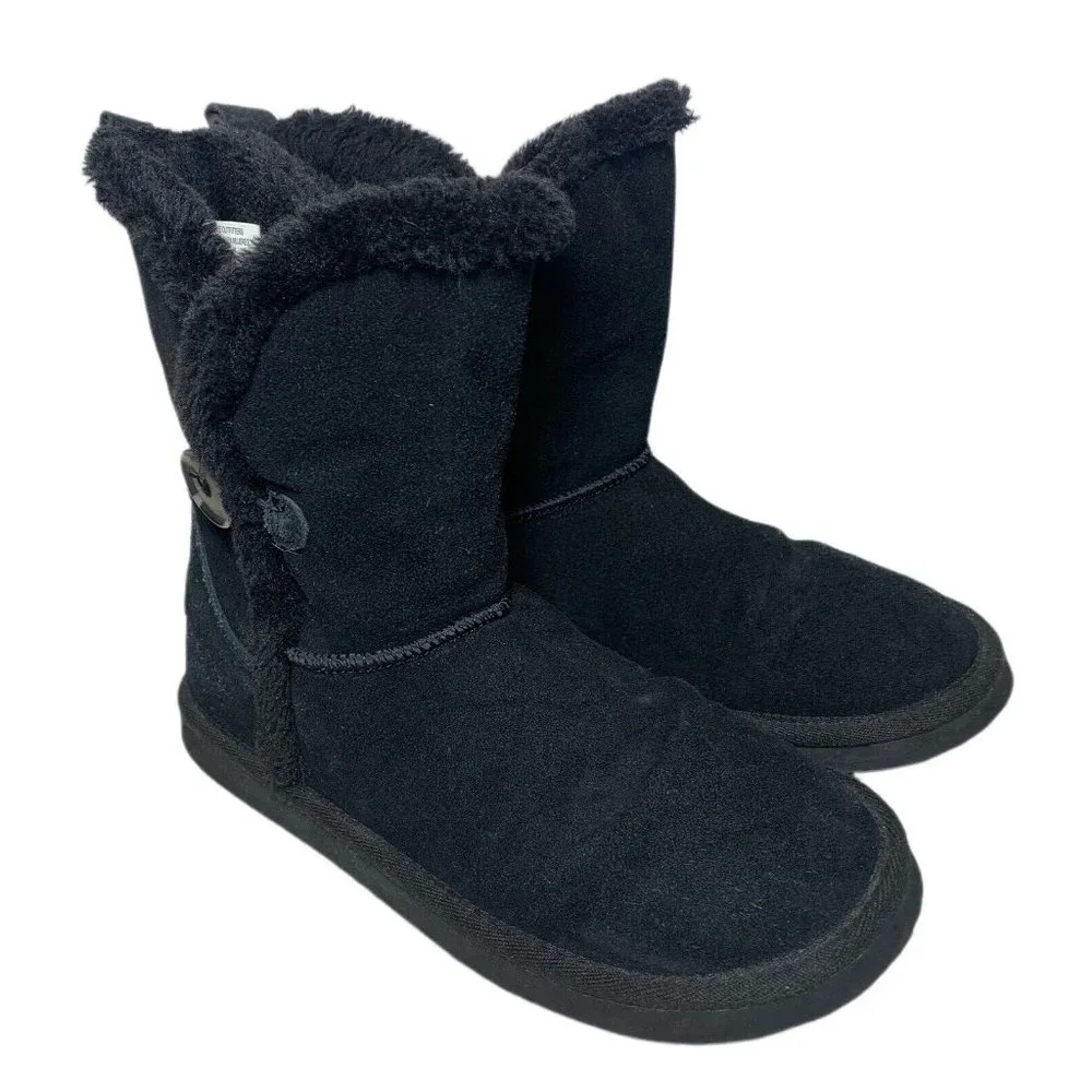 American Eagle Womens 9 Boots Black Suede Pull On Shearling Style Faux Fur Lined - Picture 4 of 8